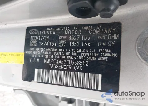 2014 Hyundai Accent Gls z USA, uszkodzony, nr VIN KMHCT4AE2EU668562